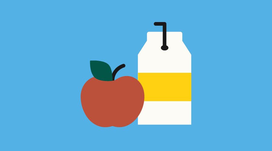 Graphic for school meals with a milk carton or juice box and a red apple